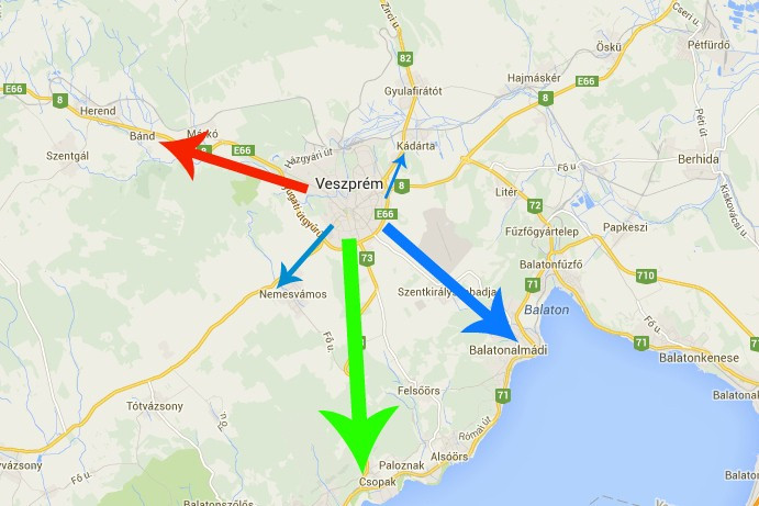 A városból kivezető kerékpárutak.Kékkel a már létezők, zölddel a tervezett csopaki, pirossal az elkaszált bándi (vehir infografika)