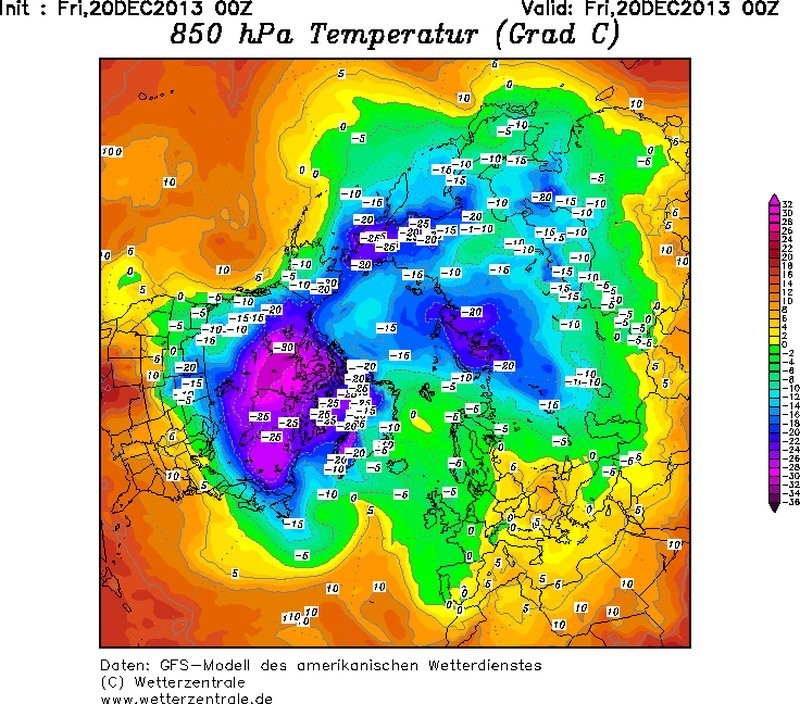 A 850 hPa nyomásszint hőmérséklete a karácsonyi viharciklonokat megelőzően,  2013. december 20-án 0 UTC-kor az amerikai GFS modell analízise alapján;  a Kanada fölötti hideg mag meghatározó szerepet játszott a jet stream atlanti térség fölötti megerősödésében <br>(wetterzentrale.de)