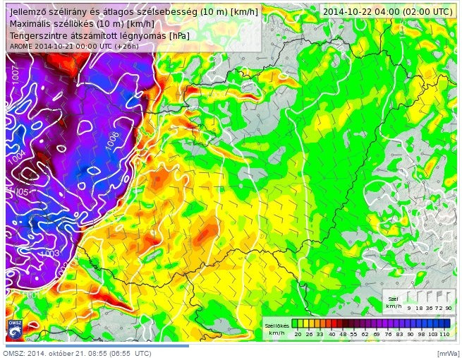 Várható szélerősség szerdán hajnalban. Forrás: met.hu