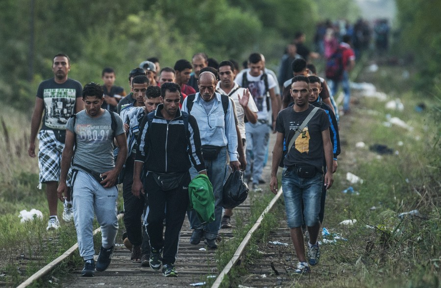 'Illegális bevándorlók a Röszke melletti vasúti átjárónál, a magyar-szerb határon 2015. augusztus 25-én' (MTI) (Forrás: MTI / Ujvári Sándor)