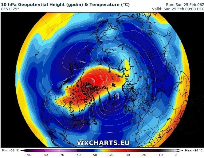 Hőmérséklet előrejelzés 10 hPa nyomás magasságban 2018. február 25-ére vonatkozóan. (GFS modell, wxcharts.eu)