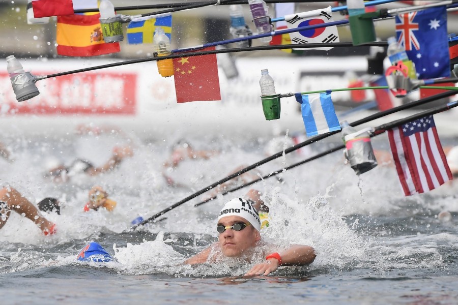 A későbbi negyedik helyezett Rasovszky Kristóf a férfi nyíltvízi úszók 10 kilométeres versenyében a 18. vizes világbajnokságon, a dél-koreai Joszuban 2019. július 16-án. MTI/Kovács Tamás