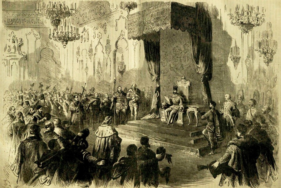 Az országgyűlés megnyitása Ő Felsége által a budai várpalotában 1865. decz. 14-kén. (Székely Bertalan rajza után.) kép: keptar.oszk.hu