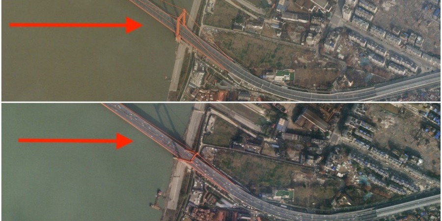 Egy wuhani híd műholdképe január 12-én és 28-án. A két képen látszik, hogy a nyüzsgő forgalom január végére teljesen eltűnt (kép: Planet Labs Inc / Handout / Reuters)