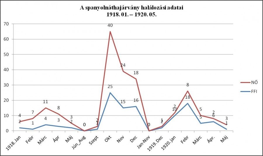 A spanyolnátha halálozási aránya Veszprémben (dr. Földesi Ferenc által szerkesztett grafikon)