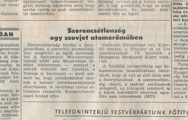 Részlet egy 1986-os újságcikkből a csernobili katasztrófa kapcsán (forrás: nemzetikonyvtar.blog.hu)