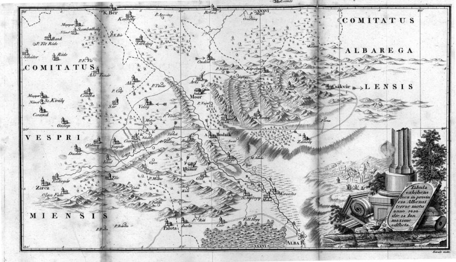 A Kitaibelék készítette térképen a rengés terjedésének irányát jelölő nyilak és az összeomló templomok jelezte súlyos károk is láthatók