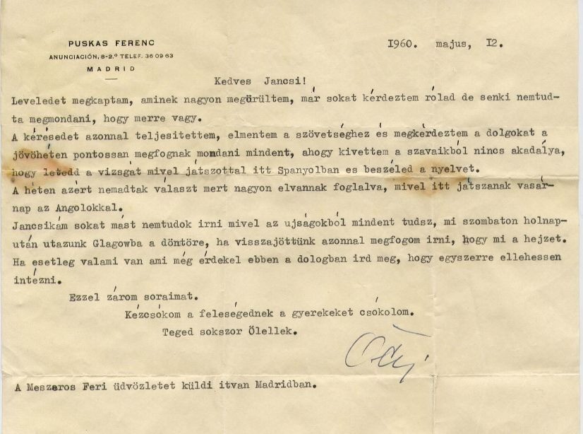 Az eredeti Puskás-levél Hrotkó Jánoshoz