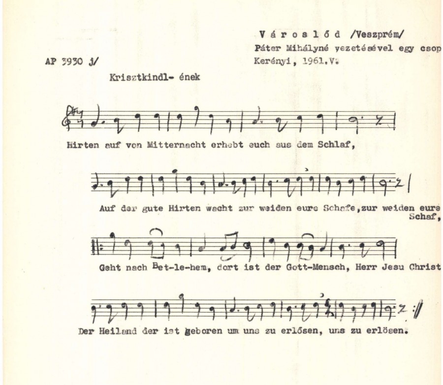 Városlődi Christkindl-dal kottája a Hungaricana gyűjteményéből