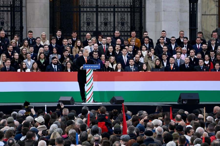 Orbán Viktor miniszterelnök beszédet mond a Kossuth téren rendezett állami díszünnepségen az 1848-49-es forradalom és szabadságharc kitörésének évfordulóján, 2022. március 15-én. MTI/Koszticsák Szilárd