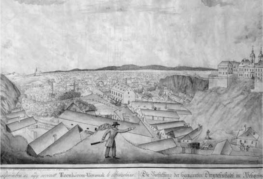 A várhegy és a Dózsaváros a Szikláról nézve. Berken János 1817-es rajzán is érezhető, mennyire sűrűn beépített terület volt ez a városrész. Az eredeti rajzot a Laczkó Dezső Múzeum gyűjteményében őrzik