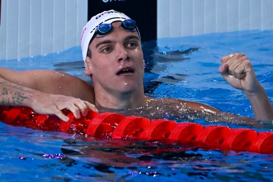 Rasovszky Kristóf a célban a férfi 800 méteres gyorsúszás döntőjében a dohai vizes világbajnokságon 2024. február 14-én. A magyar úszó az 5. helyen végzett. MTI/Kovács Tamás