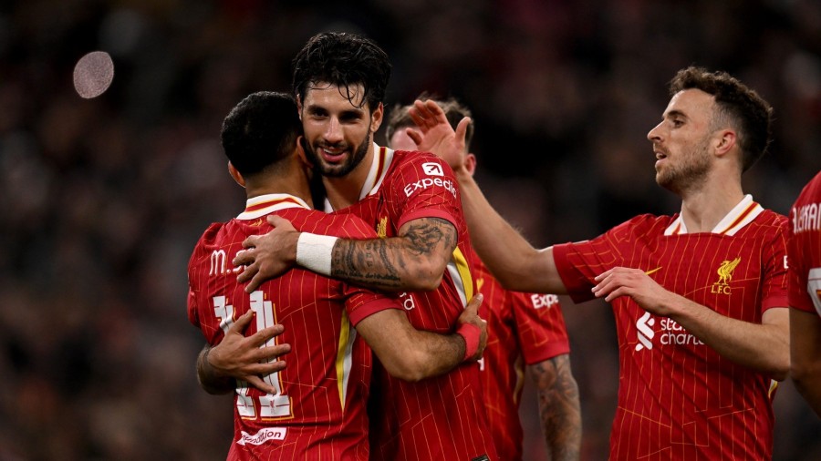 LIVERPOOL, ENGLAND - OCTOBER 02: (THE SUN OUT, THE SUN ON SUNDAY OUT) Mohamed Salah of Liverpool celebrating after scoring the second goal during the UEFA Champions League 2024/25 League Phase MD2 match between Liverpool FC and Bologna FC 1909 at Anfield on October 02, 2024 in Liverpool, England. (Photo by Andrew Powell/Liverpool FC via Getty Images)