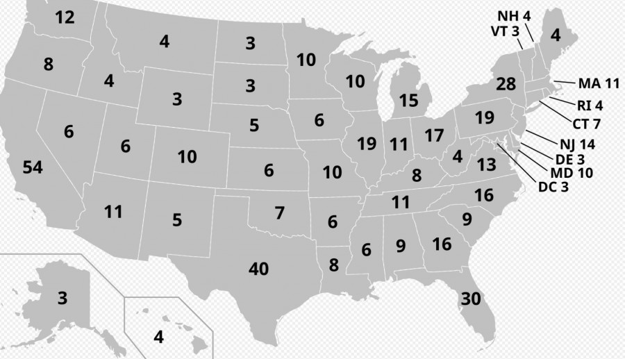 A 2024-es amerikai elnökválasztás elektori kollégiumának összetétele tagállamok szerint (forrás: Wikipédia)