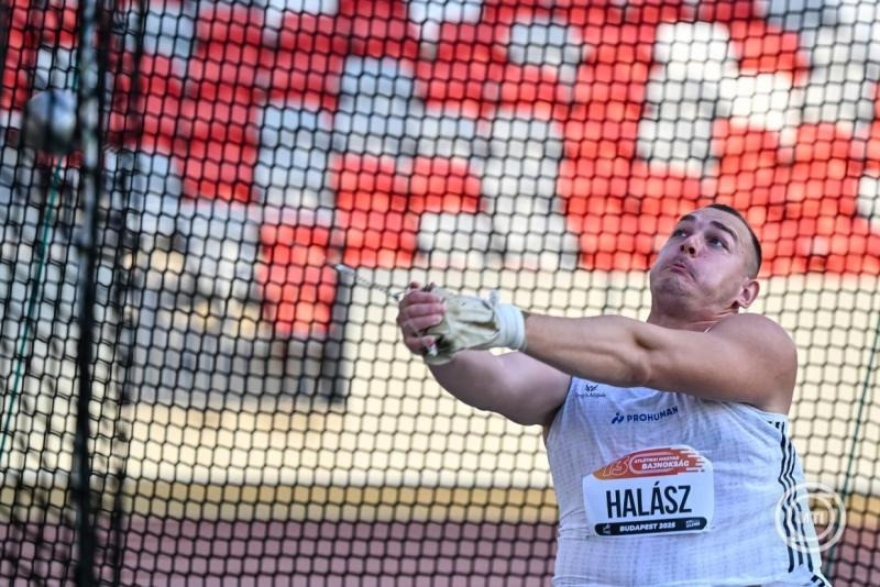 A későbbi győztes Halász Bence az atlétikai országos bajnokság férfi kalapácsvetés döntőjében a budapesti Nemzeti Atlétikai Központban 2025. augusztus 2-án. MTI/Vasvári Tamás