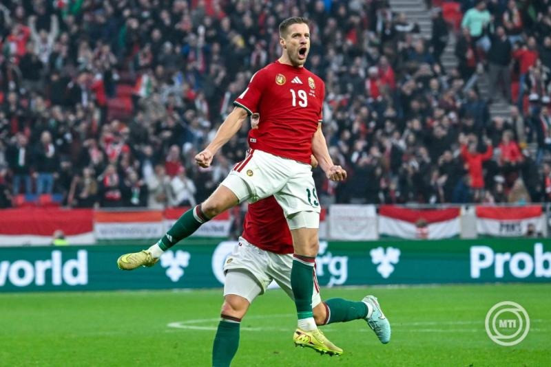 A gólszerző Varga Barnabás ünnepel a Magyarország - Írország labdarúgó világbajnoki selejtező mérkőzésen a Puskás Arénában 2025. november 16-án. MTI/Hegedüs Róbert