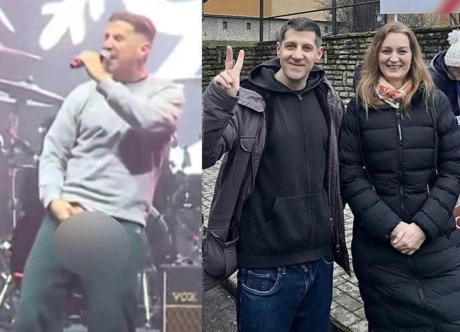 Eckü a botrányos alakítása közben, mellette a rapper és Forsthoffer Ágnes a Tisza párt kampányában.