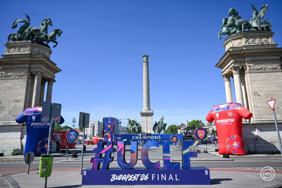 A május 30-ai budapesti UEFA Bajnokok Ligája (BL) labdarúgó döntő szurkolói zónája, a Champions Fesztivál helyszíne a Hősök terén a megnyitó napján, 2026. május 28-án. MTI/Illyés Tibor