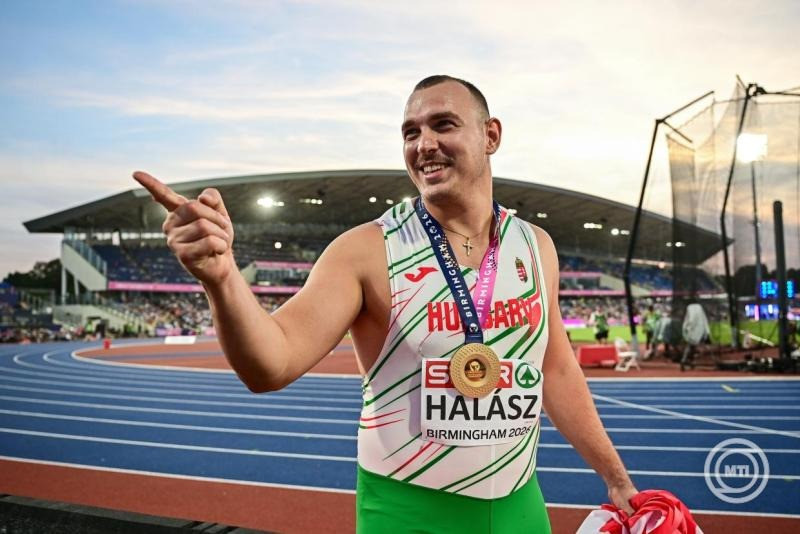 A győztes Halász Bence a férfi kalapácsvetés döntője után a birminghami atlétikai Európa-bajnokságon 2026. augusztus 11-én. Halász Bence 84,25 méteres országos csúccsal győzött. MTI/Czeglédi Zsolt