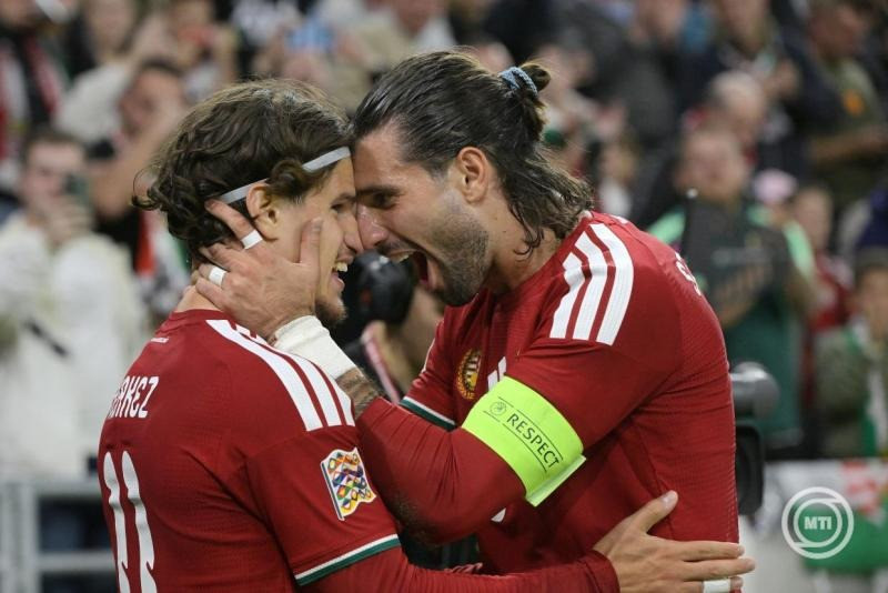 A gólszerző Kerkez Milos (b) és Szoboszlai Dominik a labdarúgó UEFA Nemzetek Ligája B divíziójának harmadik fordulójában játszott Magyarország - Georgia mérkőzésen a Puskás Arénában 2026. október 2-án. MTI/Szigetváry Zsolt