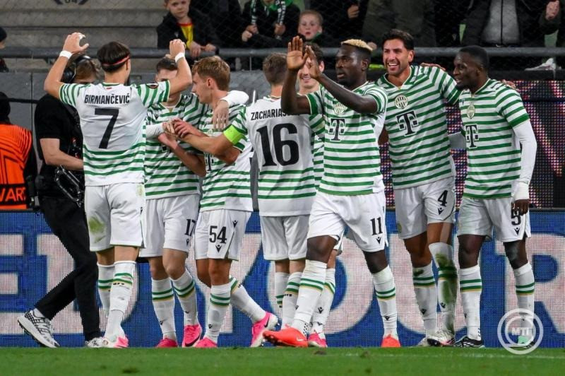 A Ferencváros játékosainak gólöröme a labdarúgó Európa-liga alapszakasza harmadik fordulójának Ferencvárosi TC - Torreense mérkőzésén a Groupama Arénában 2026. október 22-én. MTI/Bodnár Boglárka